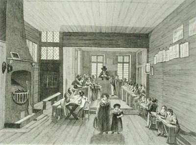 Interieur van de school verbonden aan John Bunyans Meeting House in Zoar Street, Southwark, gegraveerd door Dale, 1822 door Schnibbelee after Schnibbelee after